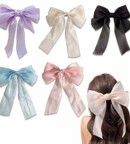 SCORYULE Bow Hair Clips 5PCS Multicolor Tulle Ribbon with Long Tails Girls Women