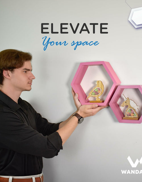 Load image into Gallery viewer, Wandars Hexagon Honeycomb Shelves Set of 2 Pine Wood Rose Quartz 11x11x9.5
