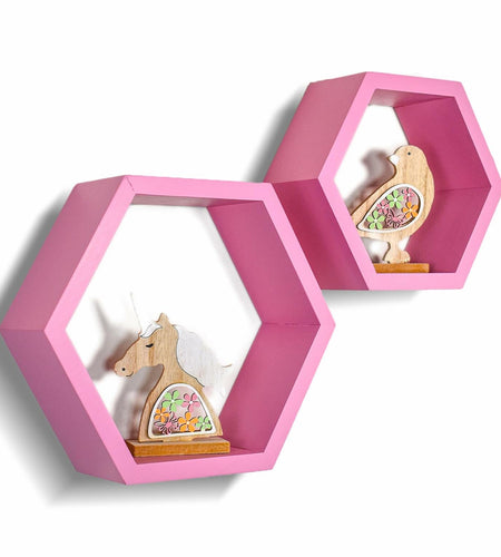Wandars Hexagon Honeycomb Shelves Set of 2 Pine Wood Rose Quartz 11x11x9.5