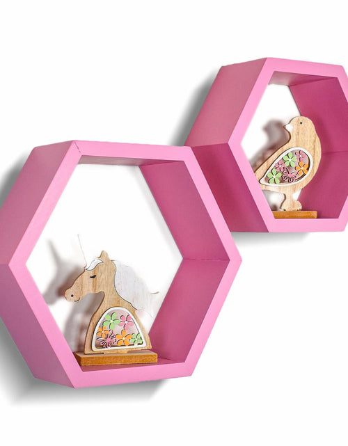 Load image into Gallery viewer, Wandars Hexagon Honeycomb Shelves Set of 2 Pine Wood Rose Quartz 11x11x9.5
