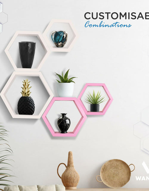 Load image into Gallery viewer, Wandars Hexagon Honeycomb Shelves Set of 2 Pine Wood Rose Quartz 11x11x9.5
