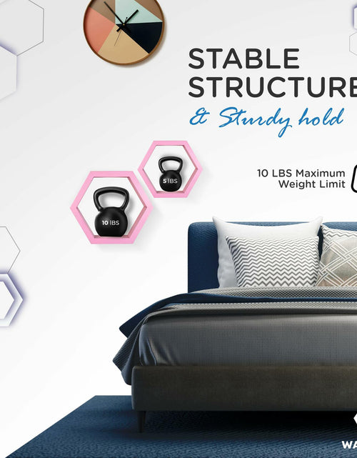 Load image into Gallery viewer, Wandars Hexagon Honeycomb Shelves Set of 2 Pine Wood Rose Quartz 11x11x9.5
