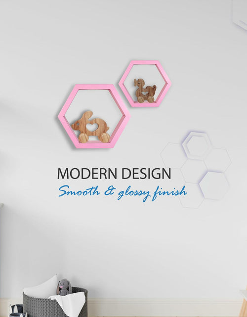 Load image into Gallery viewer, Wandars Hexagon Honeycomb Shelves Set of 2 Pine Wood Rose Quartz 11x11x9.5
