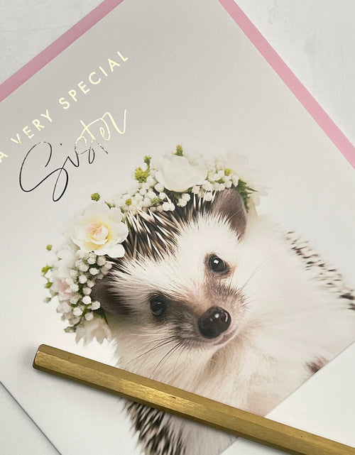 Load image into Gallery viewer, Old English Co. Hedgehog Sister Birthday Card Floral Gold Blank Envelope

