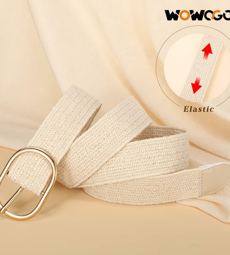 WOWOGO Women Straw Woven Rattan Stretch Belt Boho Beige Waist up to 33" Size