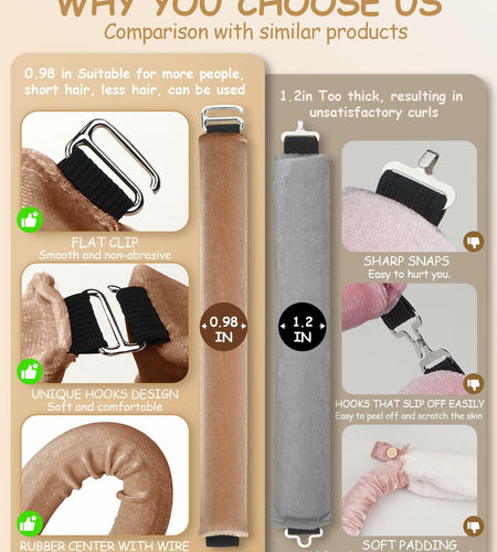 Overnight Heatless Hair Curlers Satin Velvet No Heat Jumbo Rods 3pcs Khaki