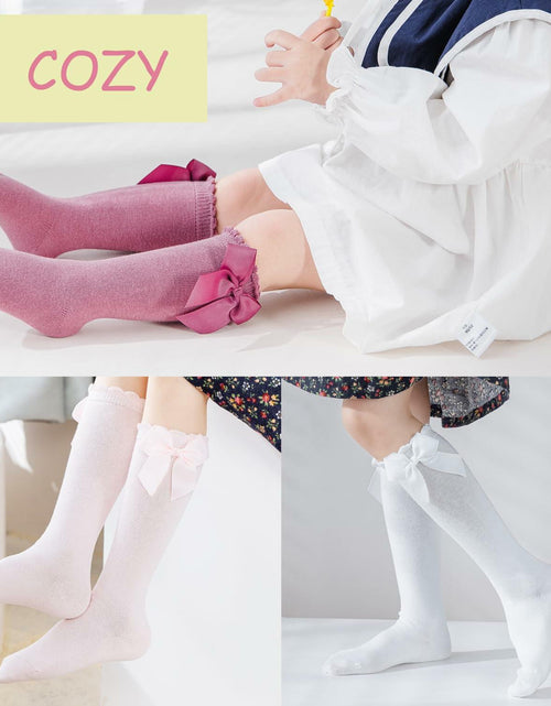 Load image into Gallery viewer, Marchare Baby Girls Knee High Socks Cotton 2 Pack Grey Light Pink 3-5T
