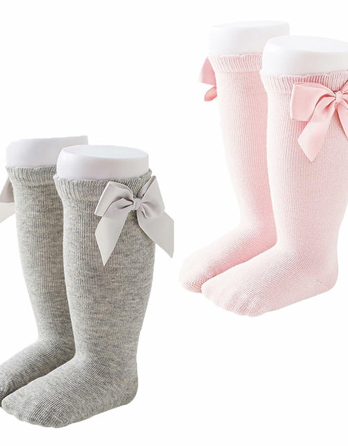 Load image into Gallery viewer, Marchare Baby Girls Knee High Socks Cotton 2 Pack Grey Light Pink 3-5T
