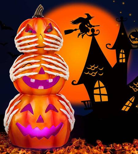 Axcoix Halloween Resin Stacked Pumpkin Decor Light Up Jack O Lantern Orange