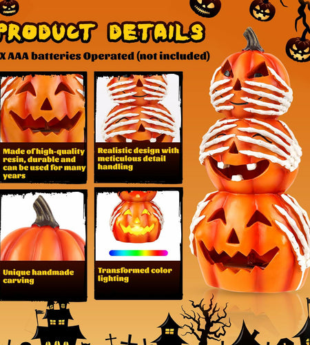 Axcoix Halloween Resin Stacked Pumpkin Decor Light Up Jack O Lantern Orange