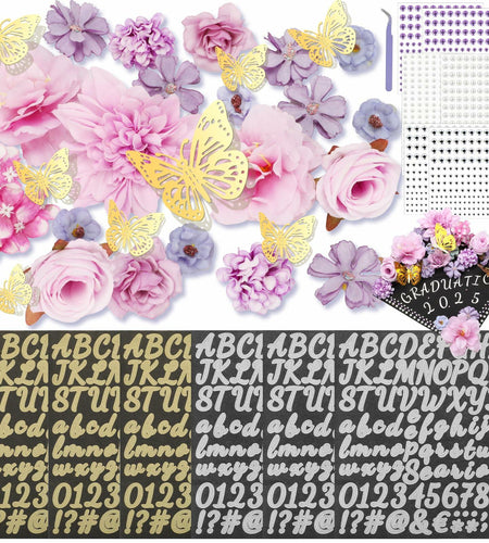 Mototo Graduation Cap Decorations Kit Purple Flowers Rhinestones Glitter DIY