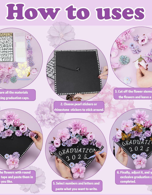 Load image into Gallery viewer, Mototo Graduation Cap Decorations Kit Purple Flowers Rhinestones Glitter DIY
