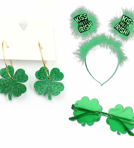 YYKITCHEN St Patrick's Day Shamrock Sunglasses Headband Earrings Green Acrylic