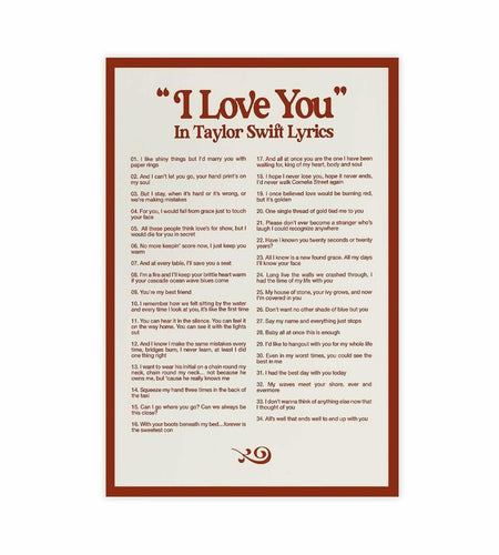 I LOVE YOU Taylor Swift Lyrics Poster Canvas Wall Art 12x18in 30x45cm
