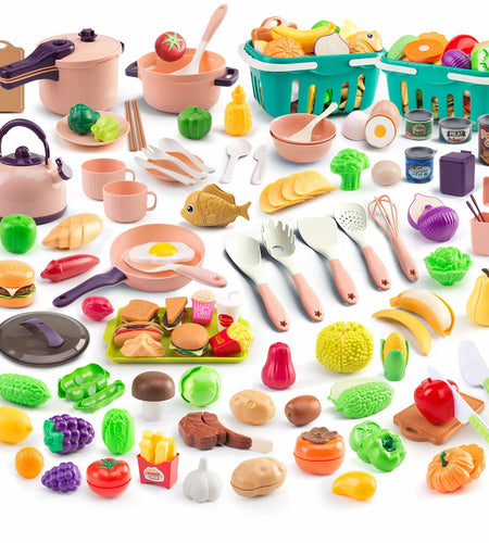 Bruvoalon 200Pcs Mini Play Kitchen Accessories Set Pink ABS Cookware Tableware