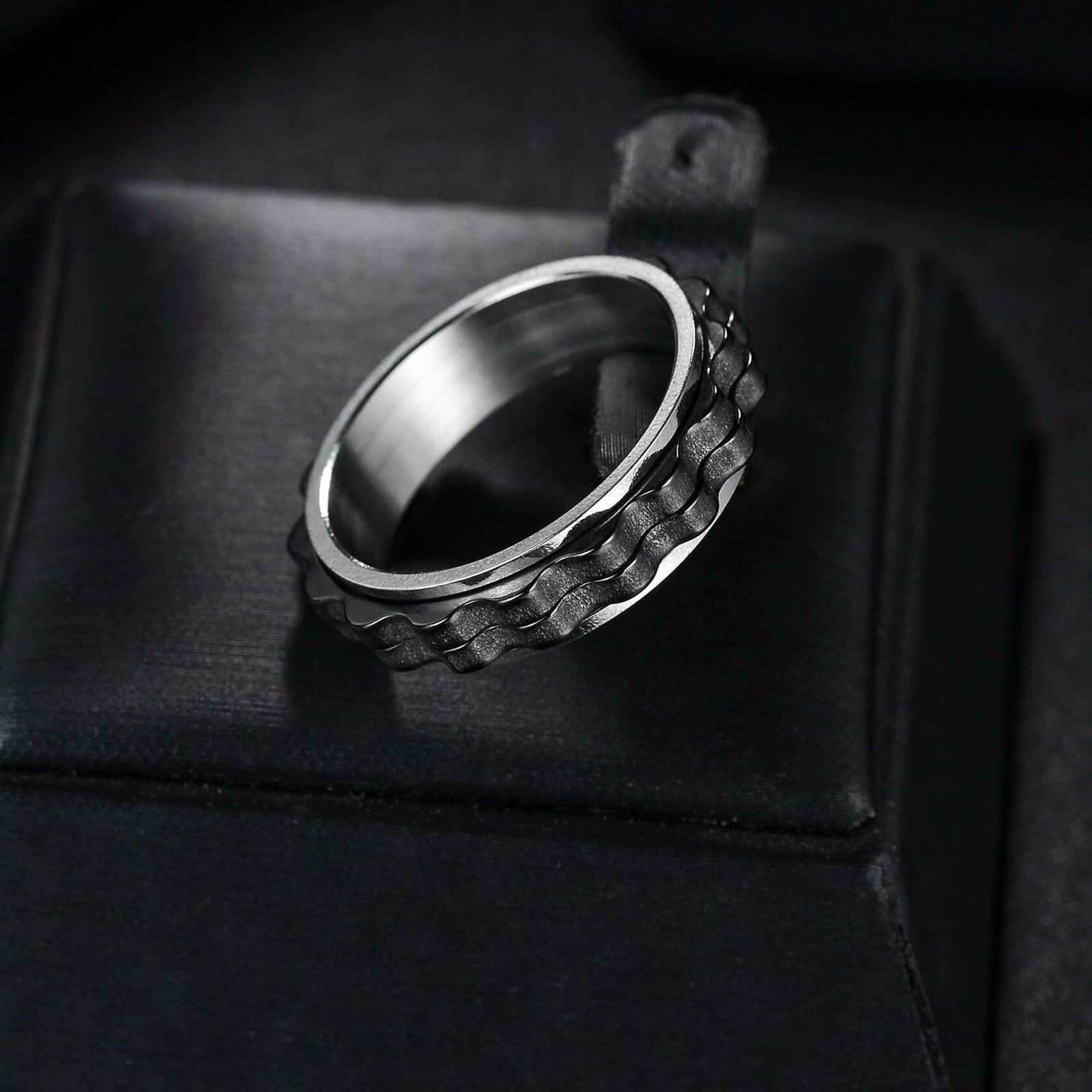 Udolfly Titanium Steel Womens Fidget Spinner Ring Silver Black Size 8