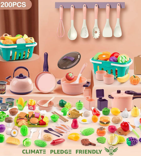 Bruvoalon 200Pcs Mini Play Kitchen Accessories Set Pink ABS Cookware Tableware