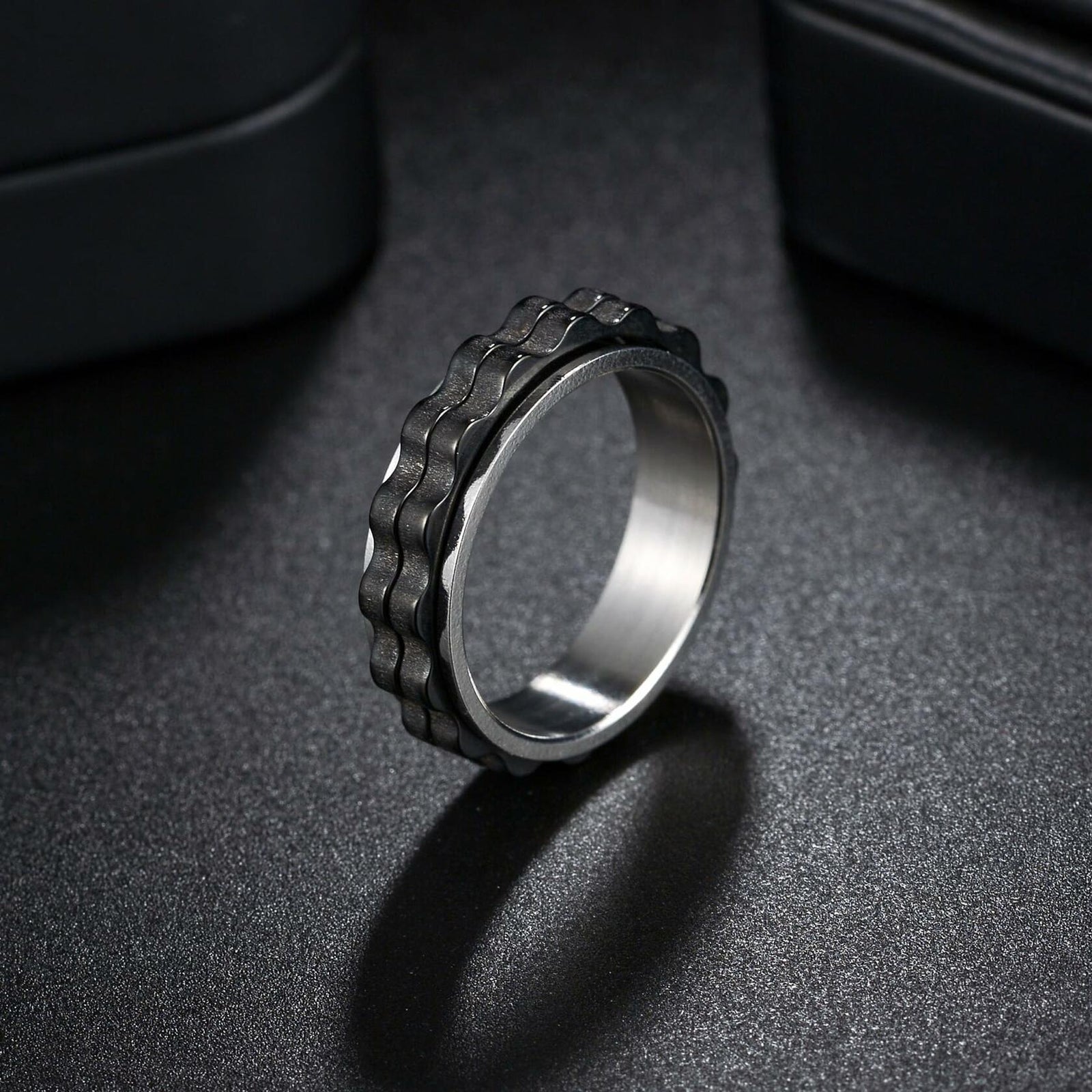 Udolfly Titanium Steel Womens Fidget Spinner Ring Silver Black Size 8