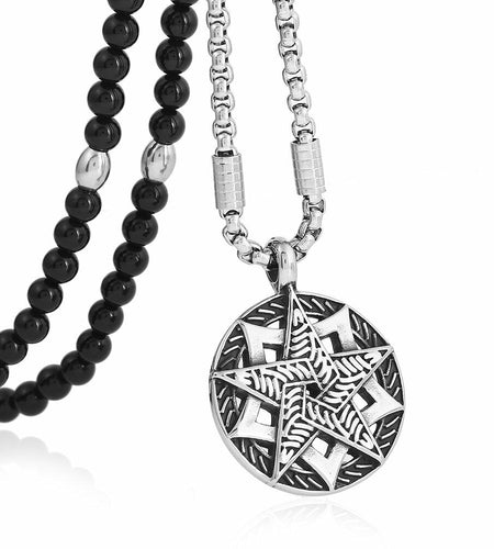 BLEUM CADE Black Agate Stone Necklace Double Pentagram Pendant
