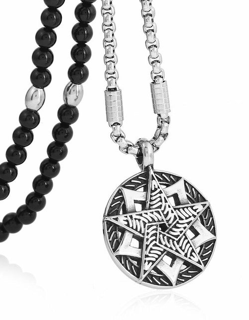 Load image into Gallery viewer, BLEUM CADE Black Agate Stone Necklace Double Pentagram Pendant
