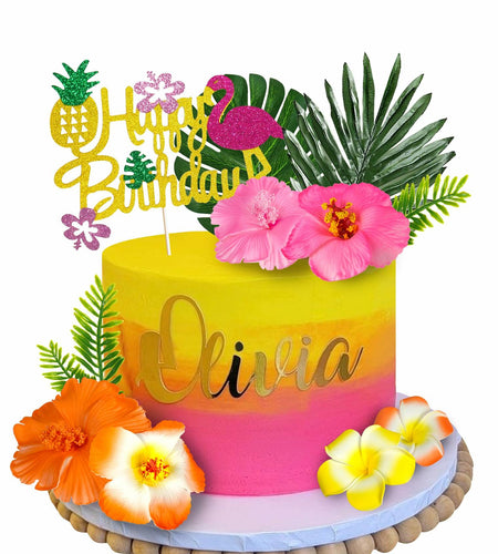 13pcs Hawaiian Flower Cake Toppers Palm Leaves Hibiscus Party Decor