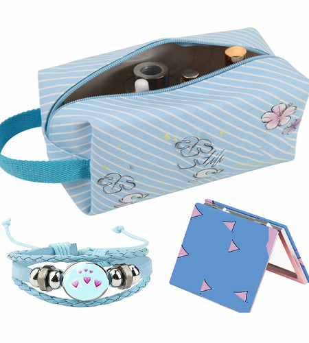 LOYEJEGL Foldable Travel Cosmetic Makeup Bag Blue PU