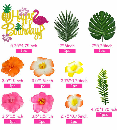 13pcs Hawaiian Flower Cake Toppers Palm Leaves Hibiscus Party Decor