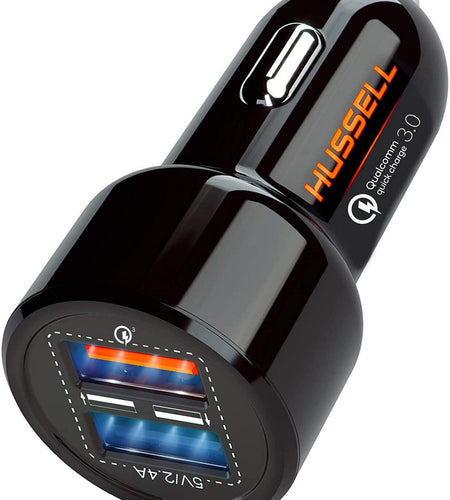 HUSSELL Car Charger Adapter 3.0 Fast Charge Dual USB Ports Black