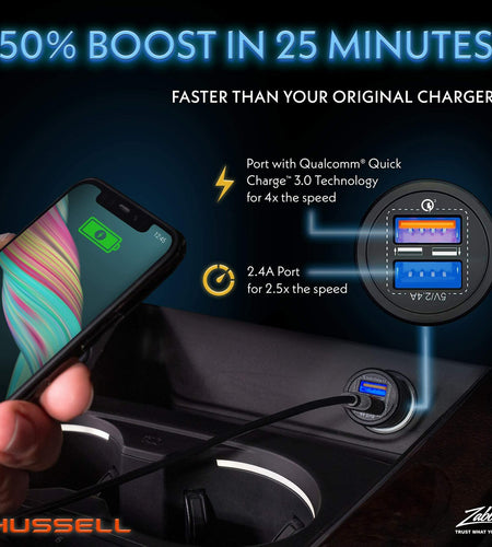 HUSSELL Car Charger Adapter 3.0 Fast Charge Dual USB Ports Black