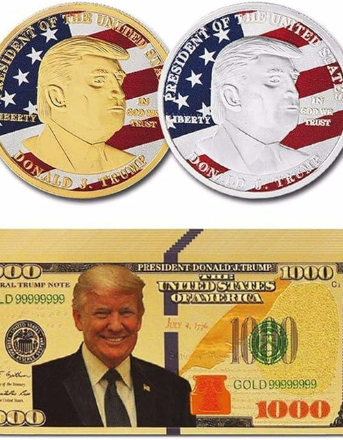 Load image into Gallery viewer, Donald Trump 2018 Gold Foil $1000 Bill 10pcs + 24k Gold Coins 2pcs Gold/Silver
