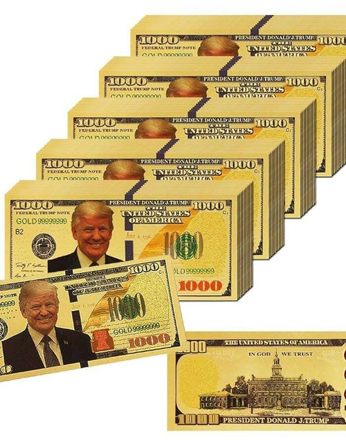 Load image into Gallery viewer, Donald Trump 2018 Gold Foil $1000 Bill 10pcs + 24k Gold Coins 2pcs Gold/Silver
