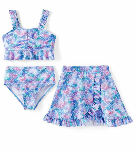 PATPAT Girls 3pc Ruffle Bikini Set Floral Skirt Bluegreen Size 10-11Y