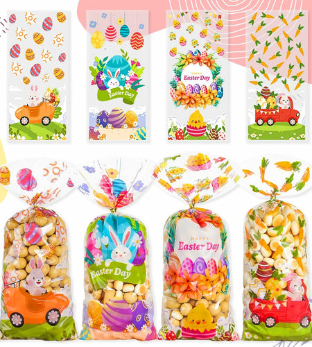 ABTOLS 100PCS Easter Cellophane Treat Bags Colorful Plastic Bunny 7x10in