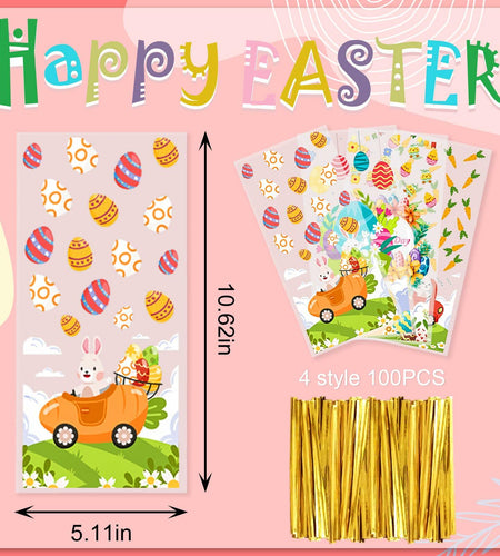 ABTOLS 100PCS Easter Cellophane Treat Bags Colorful Plastic Bunny 7x10in