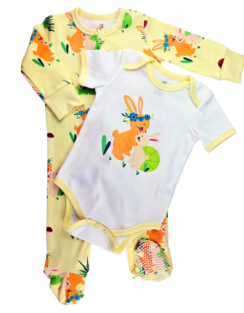 Load image into Gallery viewer, HippoHugs Organic Cotton Baby Sleeveless Footless Romper Yellow Bunny Size 3-6M
