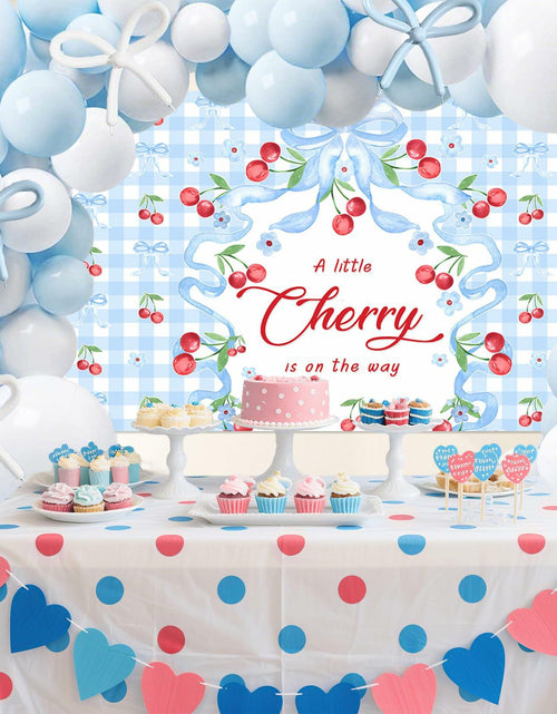 Load image into Gallery viewer, MEHOFOND Blue Cherry Bow Baby Shower Decor Banner Backdrop Balloon Set
