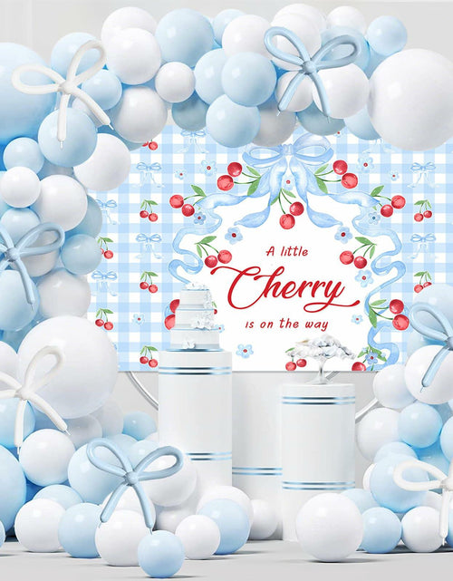 Load image into Gallery viewer, MEHOFOND Blue Cherry Bow Baby Shower Decor Banner Backdrop Balloon Set

