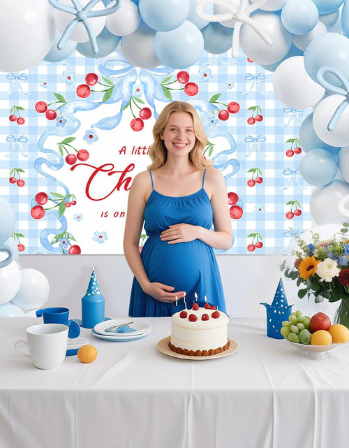 Load image into Gallery viewer, MEHOFOND Blue Cherry Bow Baby Shower Decor Banner Backdrop Balloon Set
