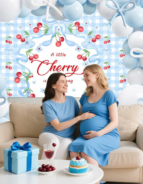 Load image into Gallery viewer, MEHOFOND Blue Cherry Bow Baby Shower Decor Banner Backdrop Balloon Set
