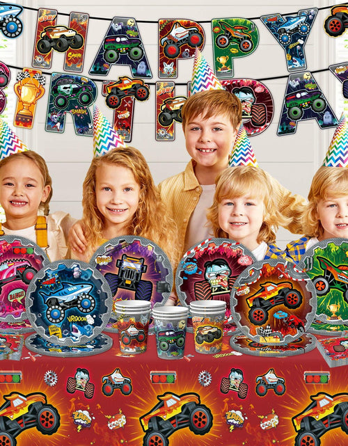 Load image into Gallery viewer, [Like New] VIZOZEN Truck Birthday Party Supplies Tablecloth Banner Plates Napkins Cups
