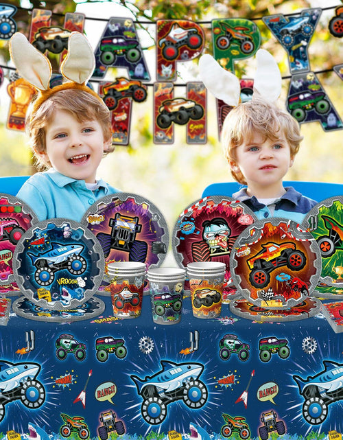 Load image into Gallery viewer, [Like New] VIZOZEN Truck Birthday Party Supplies Tablecloth Banner Plates Napkins Cups
