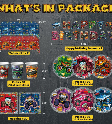 [Like New] VIZOZEN Truck Birthday Party Supplies Tablecloth Banner Plates Napkins Cups
