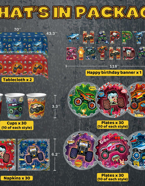 Load image into Gallery viewer, [Like New] VIZOZEN Truck Birthday Party Supplies Tablecloth Banner Plates Napkins Cups
