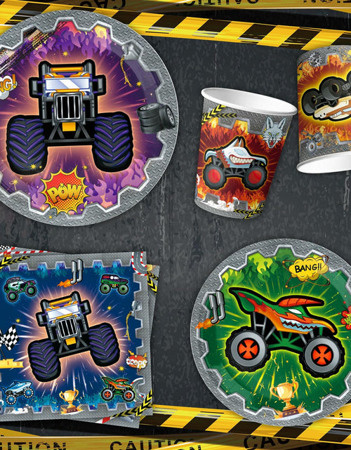 Load image into Gallery viewer, [Like New] VIZOZEN Truck Birthday Party Supplies Tablecloth Banner Plates Napkins Cups

