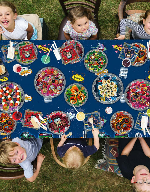 Load image into Gallery viewer, [Like New] VIZOZEN Truck Birthday Party Supplies Tablecloth Banner Plates Napkins Cups
