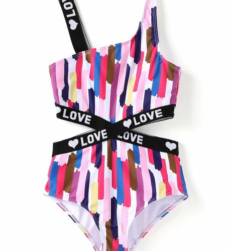 PATPAT Girls One Piece Swimsuit Monokini Colored Stripes Size 12-13 Years