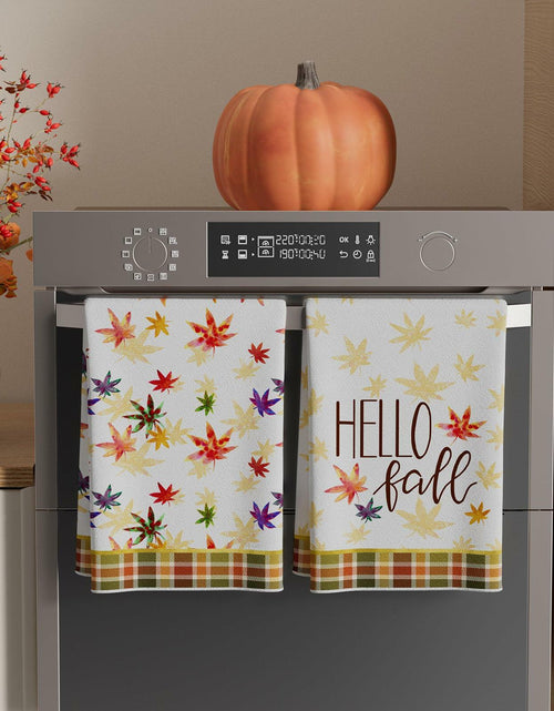 Load image into Gallery viewer, XCHI Hello Fall Watercolor Maple Leaves Plaid Dish Towels 18x26 Set of 2

