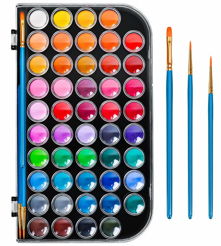 48 Color Solid Watercolor Paint Set with 3 Brushes for Kids & Artists