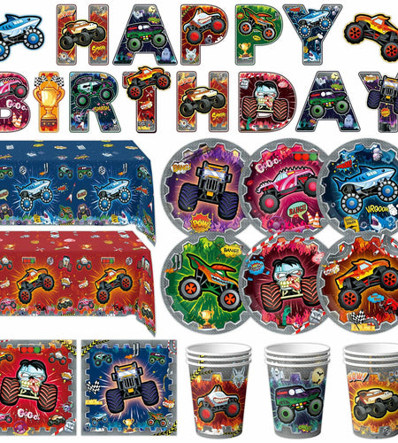 [Like New] VIZOZEN Truck Birthday Party Supplies Tablecloth Banner Plates Napkins Cups