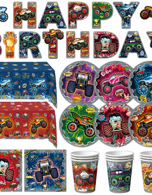 Load image into Gallery viewer, [Like New] VIZOZEN Truck Birthday Party Supplies Tablecloth Banner Plates Napkins Cups
